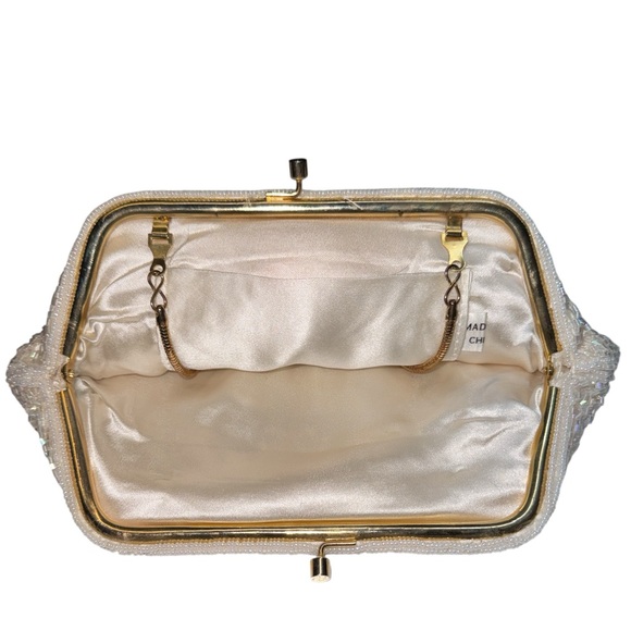Vintage Beaded Pearl Clutch Wedding Evening Bag Art Deco Satin Lined Gold Chain